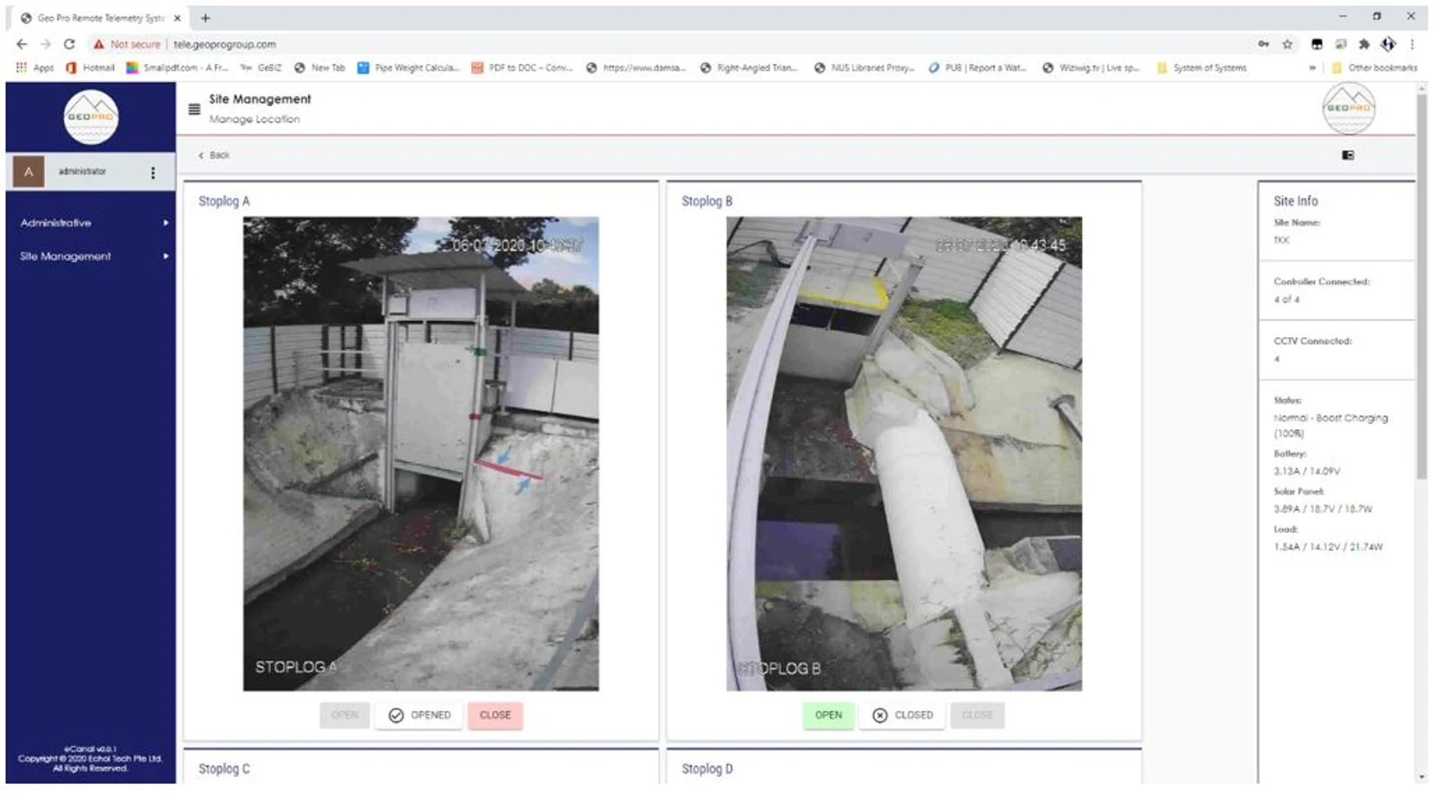 Figure 8: Users are able to control the stoplog via a website that streams the CCTV images in real-time