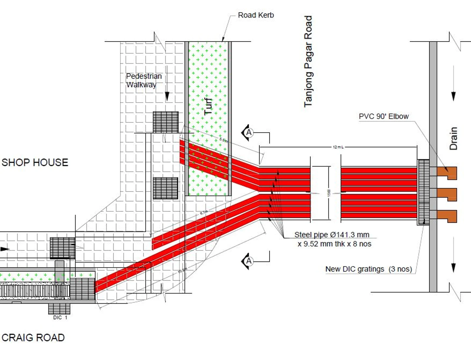 Figure 19: View plan for the steel pipe connection to the drainage system at Tanjong Pagar Rd - Craig Rd junction