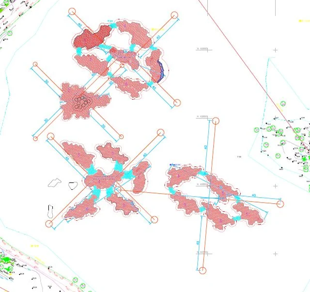 Figure 8: The mooring system drawings showing the mooring lines tethered at four tethering points anchoring the floating module clusters together