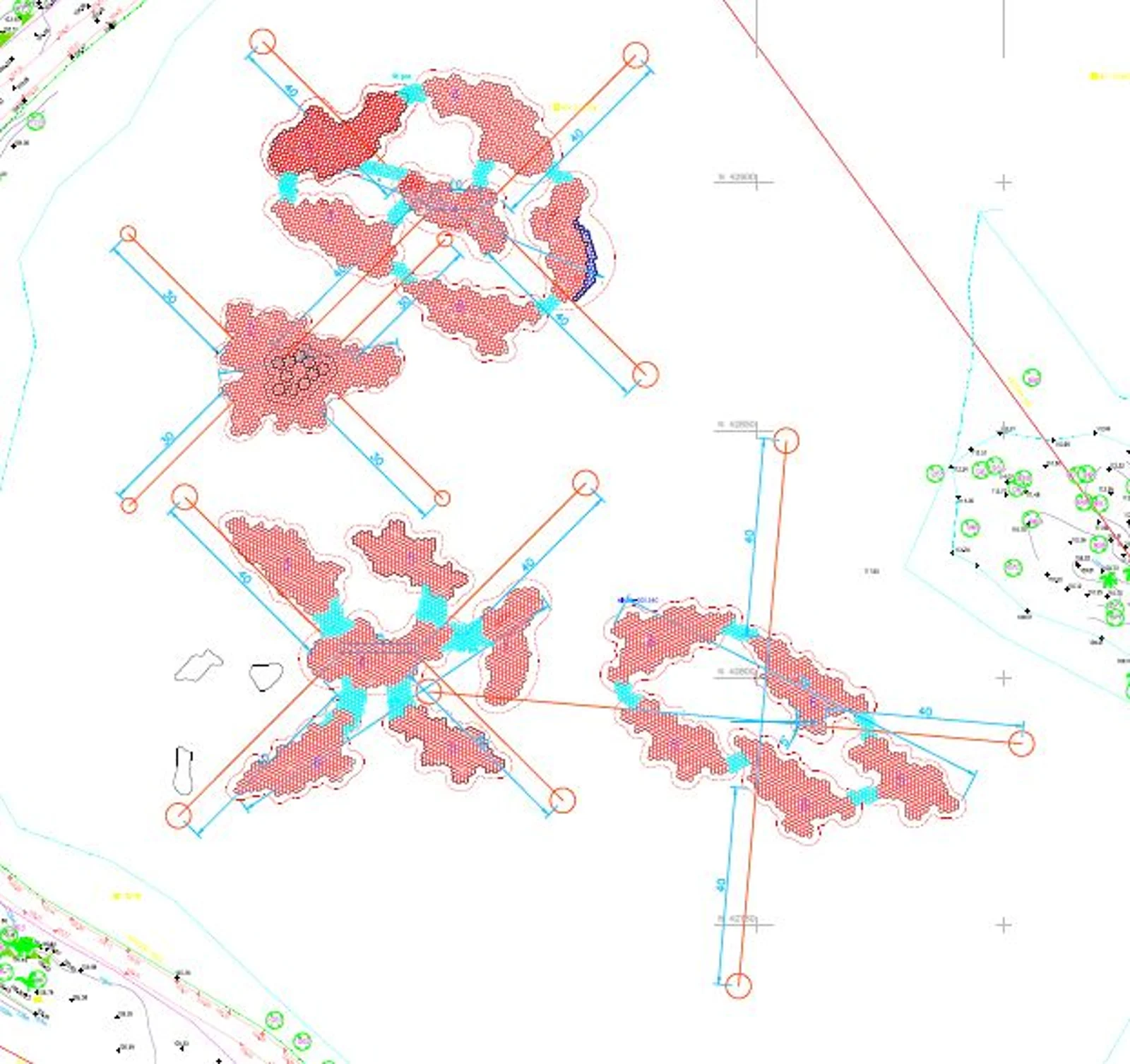 Figure 8: The mooring system drawings showing the mooring lines tethered at four tethering points anchoring the floating module clusters together