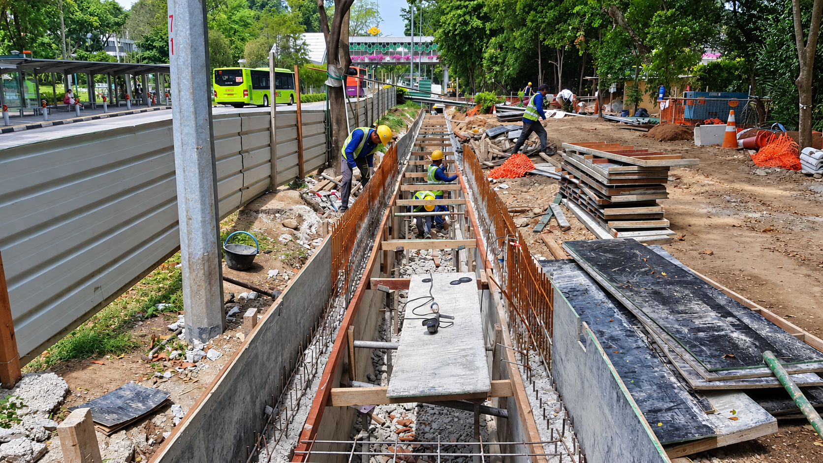 AI-enhanced original Tan Kah Kee drainage construction photograph